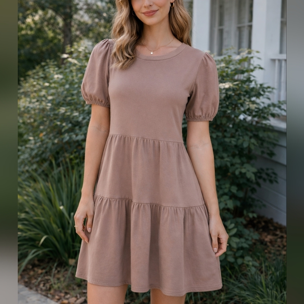 RD Style Brown Puff Sleeve Mini Dress XS